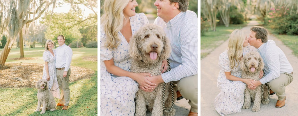 A couple posing for engagement pictures with their big dog in a park