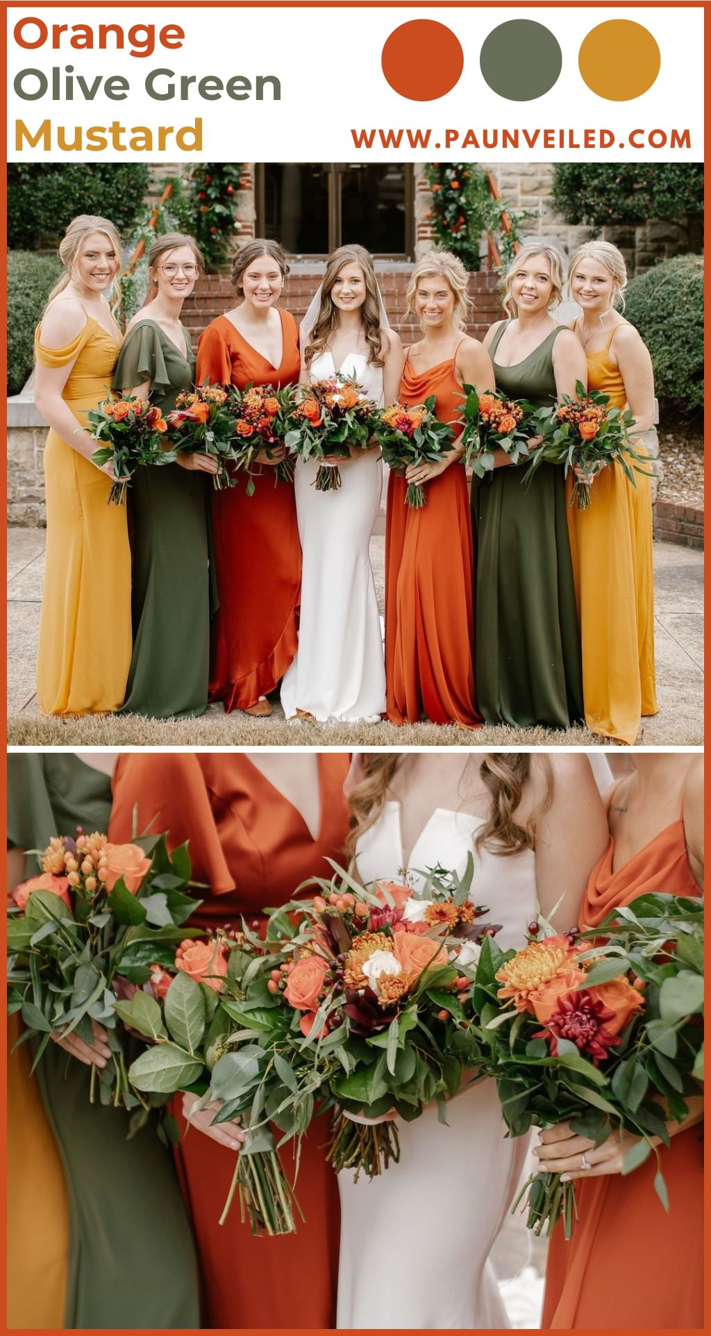 A bride and bridesmaids posing in bright fall colored dresses.