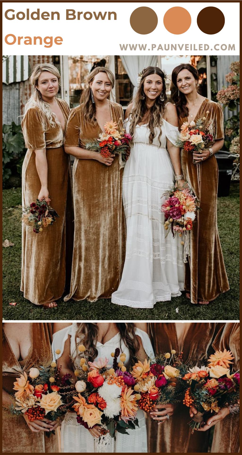 A fall wedding color palette with brown and orange. The bridesmaids are wearing carmel brown dresses
