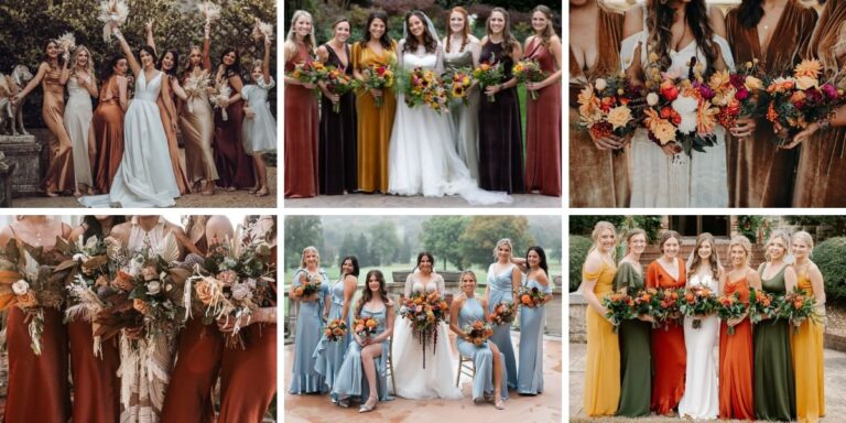The cover photo for the blog post called fall wedding color palette ideas. This shows six different fall color combinations between bridesmaid dresses and bouquets.