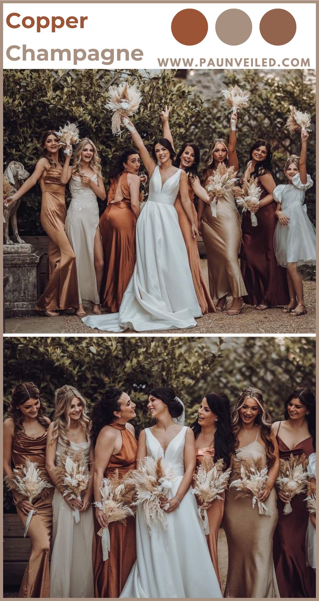 Bridesmaids wearing champagne, copper, and terracotta colored dresses.