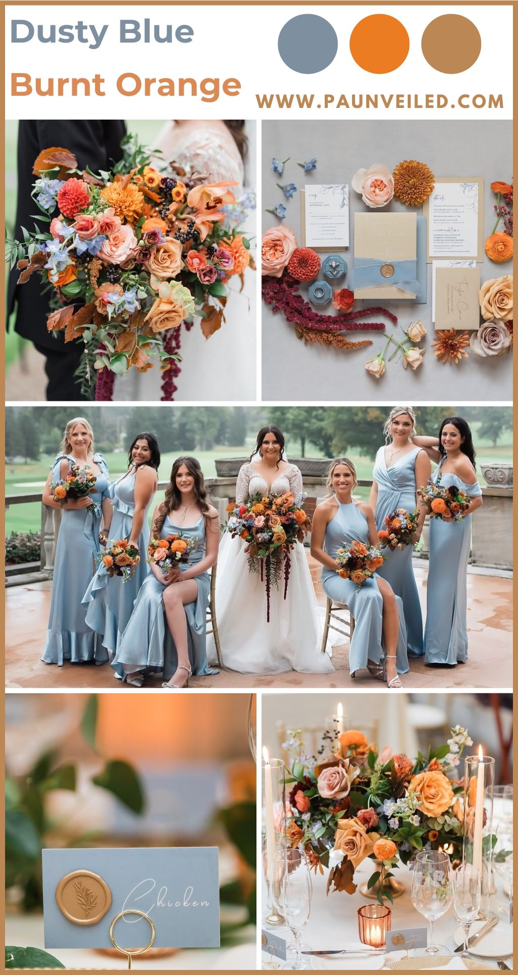 Bridesmaids wearing dusty blue bridesmaid dresses and holding orange bouquets. This is for the blog post called fall wedding color palette ideas.