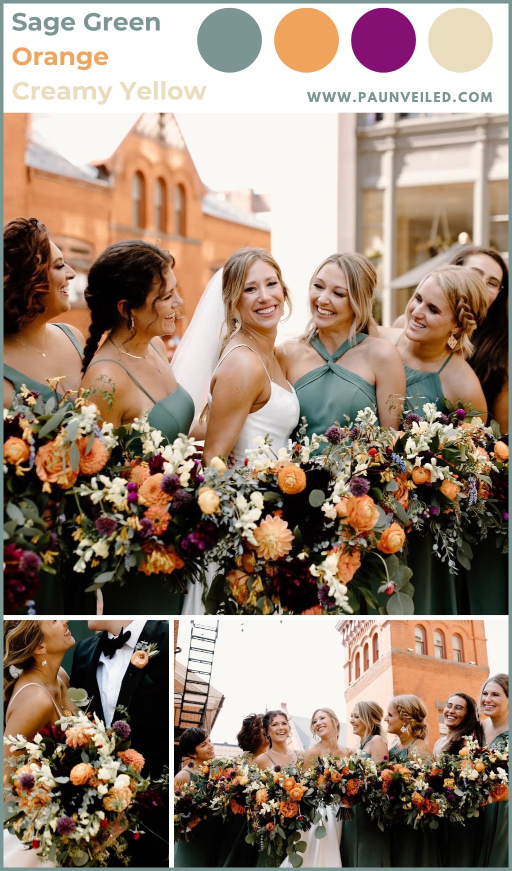 Bridesmaids wearing sage green bridesmaids dresses and holding fall floral bouquets