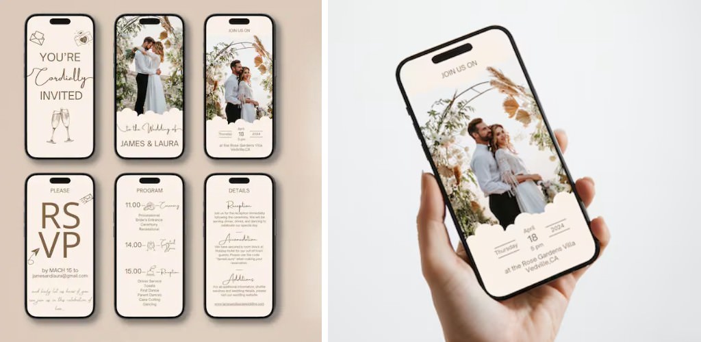 A sample of DIY digital wedding invitations being shown on a phone screen