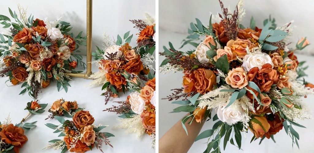 A bridal bouquet and bridesmaid bouquets that were made by the bride and bridal party. They are in a fall color palette