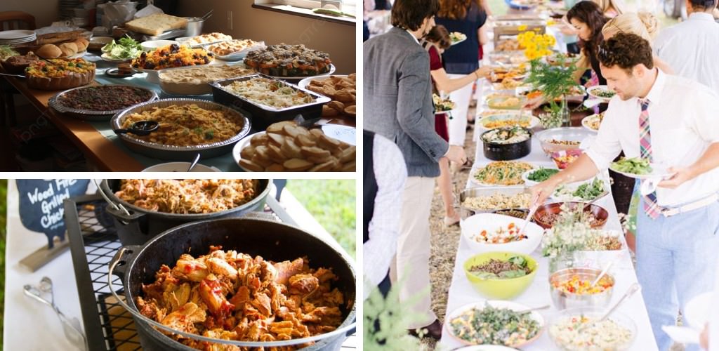 A few different DIY potluck meals being served at wedding receptions