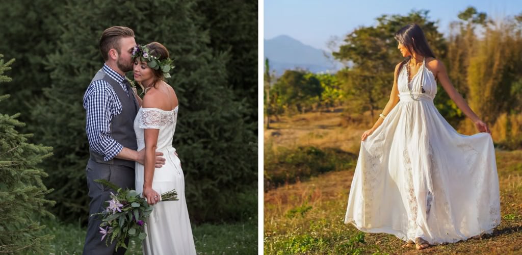 Two brides wearing cheap wedding dresses that were purchased off of Etsy and Amazon