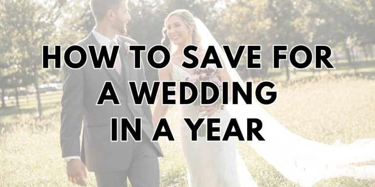 the cover photo for the blog post called how to pay for a wedding in a year. This is just text on a faded photo of a bride and groom with the blog title