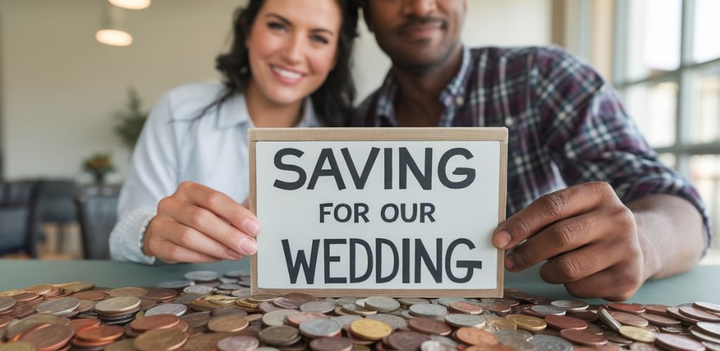 A man and woman holding up a sign sign that says saving for our wedding. This is for the blog post called how to save for a wedding in a year.
