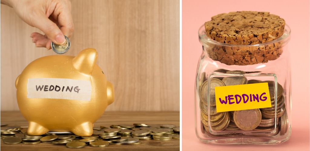 Two separate piggy banks that say wedding on them.