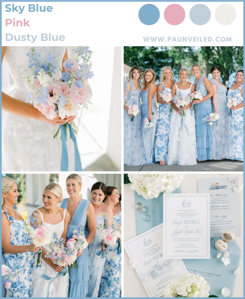 A wedding photo collage showing off the spring palette of blue and pink. This is for the blog post called May wedding colors. This shows bridesmaids in blue and white dresses and bouquets that have light pink and blue in them.