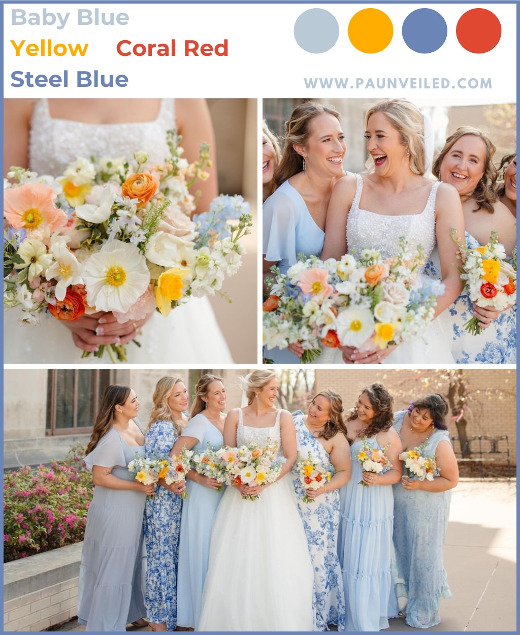 A May wedding color palette of baby blue, yellow, and coral red. This shows a bride and bridesmaids smiling at each other. The bridesmaids are wearing blue floral pattern mismatched bridesmaid dresses. The bouquets have lots of spring colors like yellow and coral red.