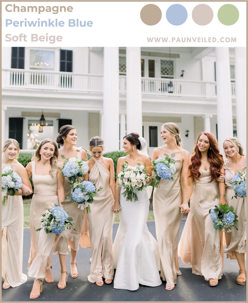 A bride and bridesmaids smiling at each other. The bridesmaids are wearing champagne colored dresses. They are holding periwinkle blue bouquets