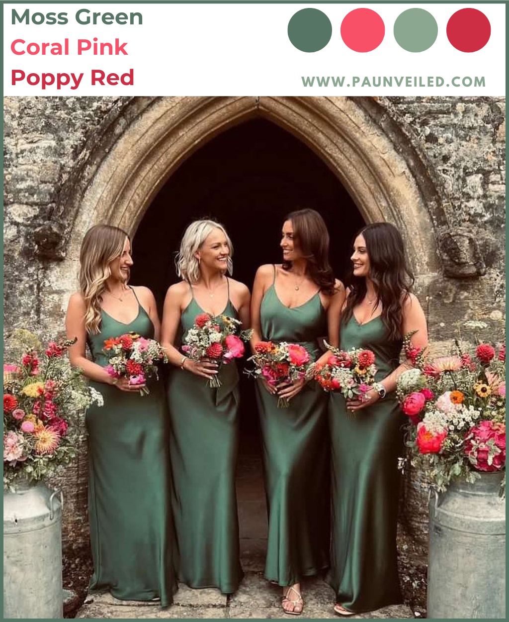 Bridesmaids wearing moss green dresses and holding spring bouquets with lots of shades of pink.