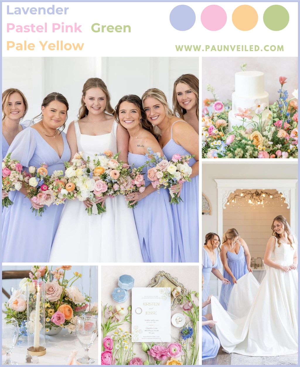 A pastel wedding color palette for a May wedding. This shows bridesmaids wearing lavender bridesmaid dresses and holding pastel bouquets with pink and yellow.