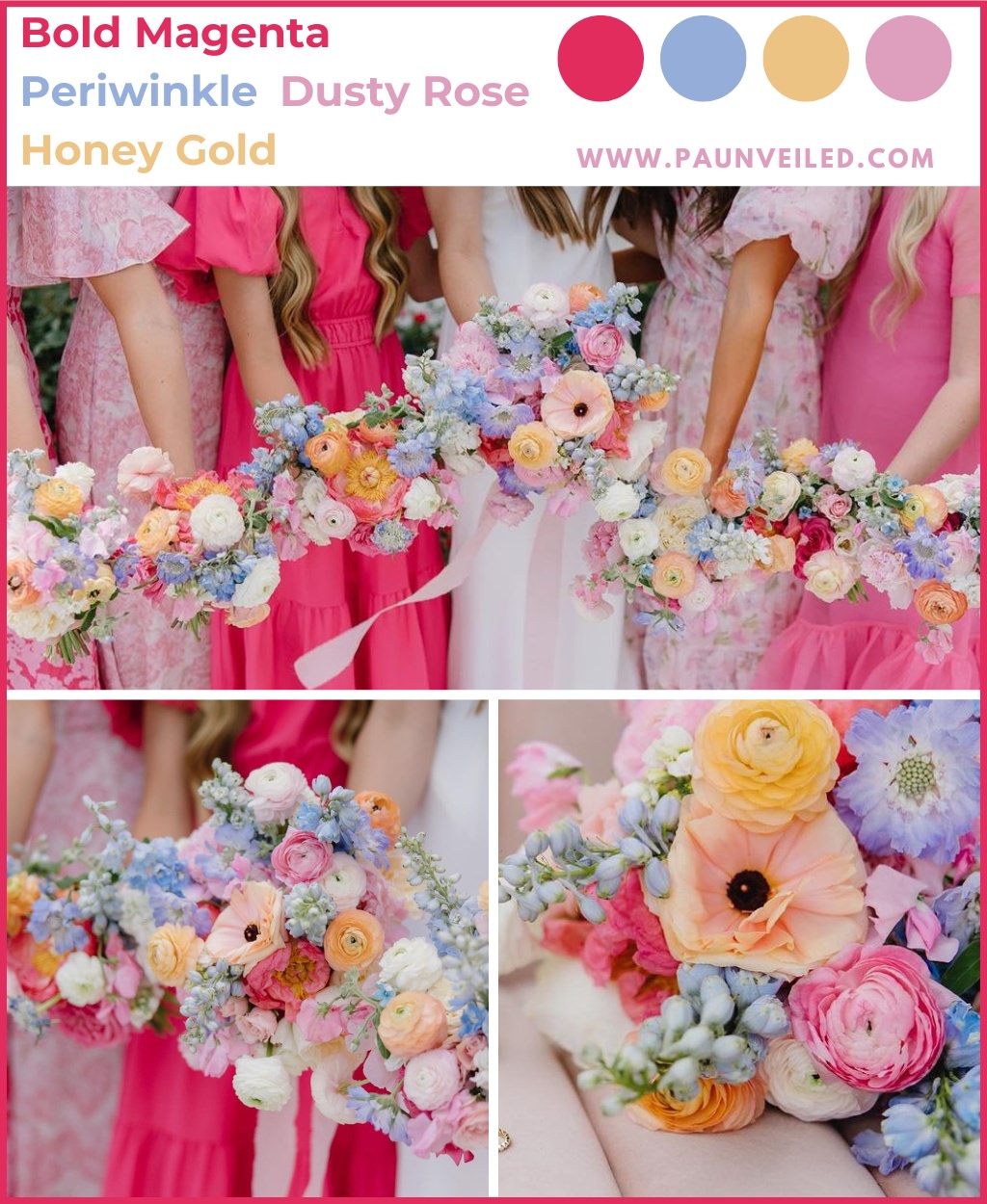 A close up photo collage of bridesmaids holding bright spring bouquets with shades of magenta, pink, and yellow gold. They are also wearing bridesmaid dresses in those same combos.