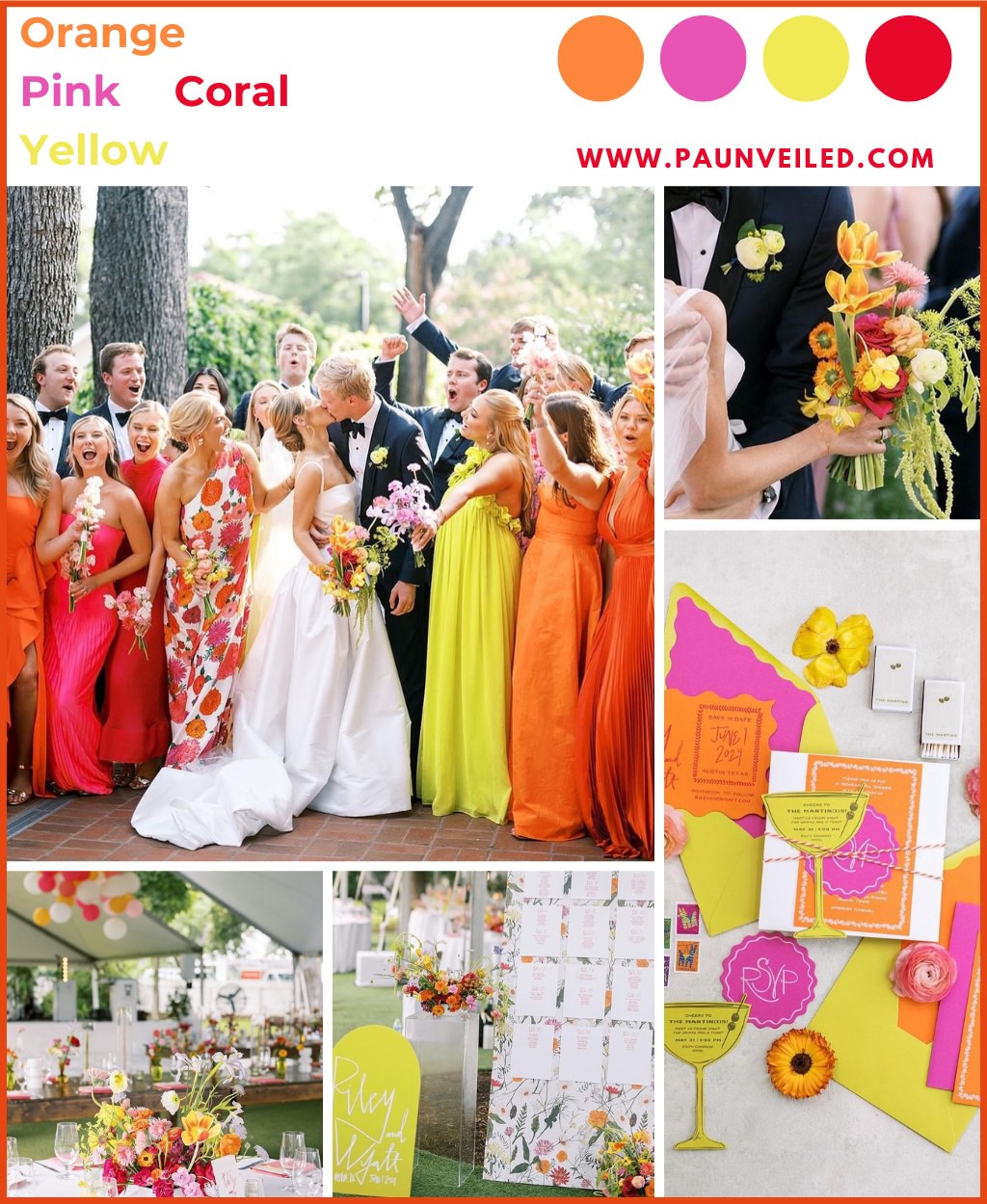 A wedding photo collage showing of a bold spring color palette. This shows bridesmaids in bright yellow, orange, and coral dresses. It also shows wedding decor and invitations in bright pink, orange, and yellow.