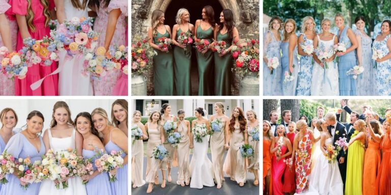 This is the cover photo for the blog post called May wedding colors. It shows six different photos of bridesmaids wearing spring color palettes like pink, orange, green, blue, champagne, and yellow