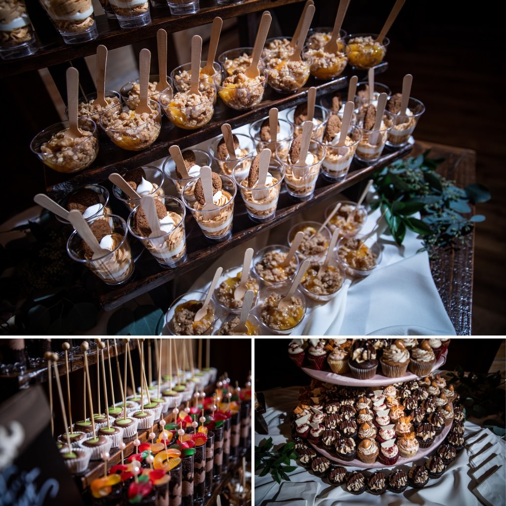 A wedding dessert table with no bake desserts some topped with gummy worms