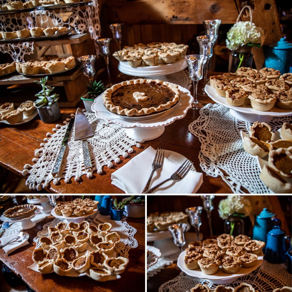 A wedding pie table with an assortment of different flavors of pie. The couple did this instead of a traditional wedding cake.