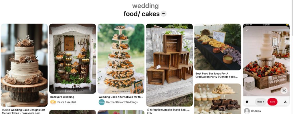 A wedding pinterest board showing different wedding cakes