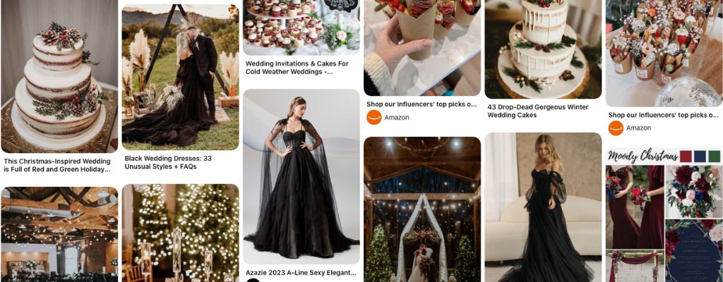 Pinterest pins shown in a collage format for planning a wedding