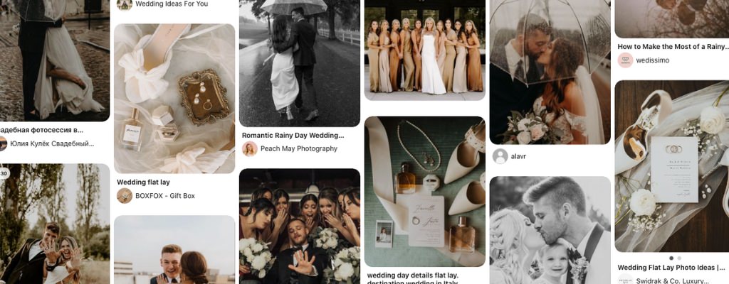 A wedding pinterest board collage for planning a wedding and keeping it organized