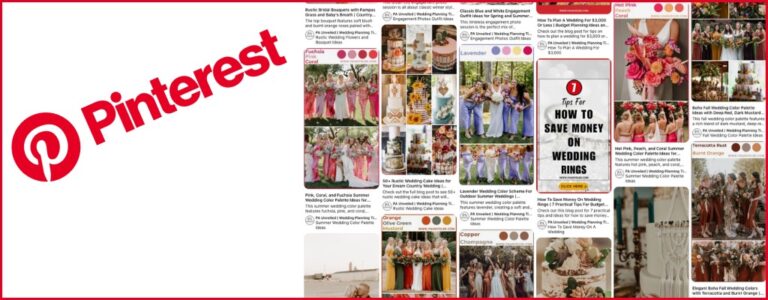A Pinterest wedding mood board that shows a variety of pins used for planning a wedding