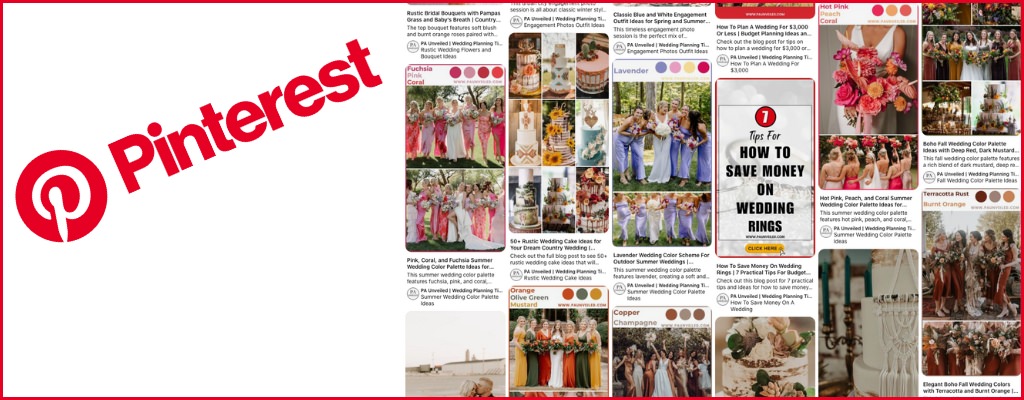 A Pinterest wedding mood board that shows a variety of pins used for planning a wedding