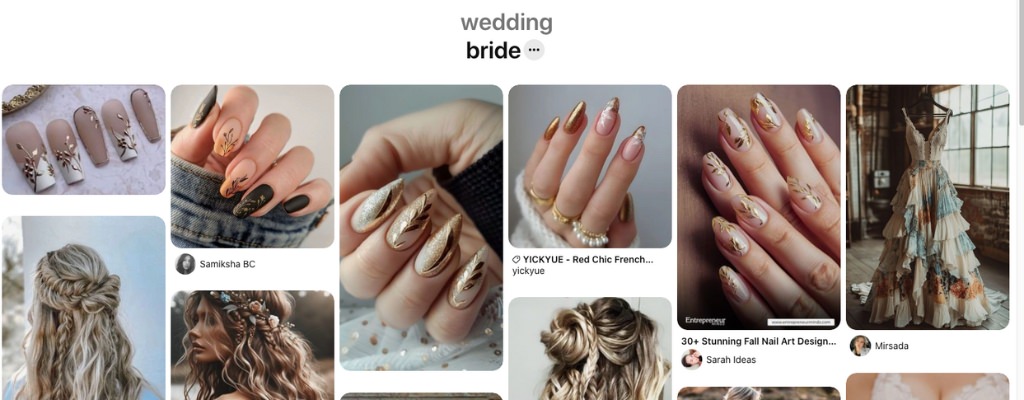 Wedding pinterest board and pins showing details like nails and hair