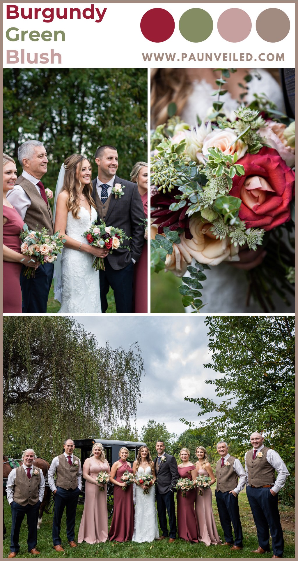 A wedding color palette showing off burgundy, blush, and green. This shows a close up photo of a bridal bouquet and a wedding party with the bride and groom