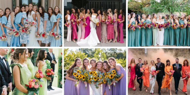The cover image for the blog post called summer wedding color palette ideas. This shows six different photos with bright summer colors
