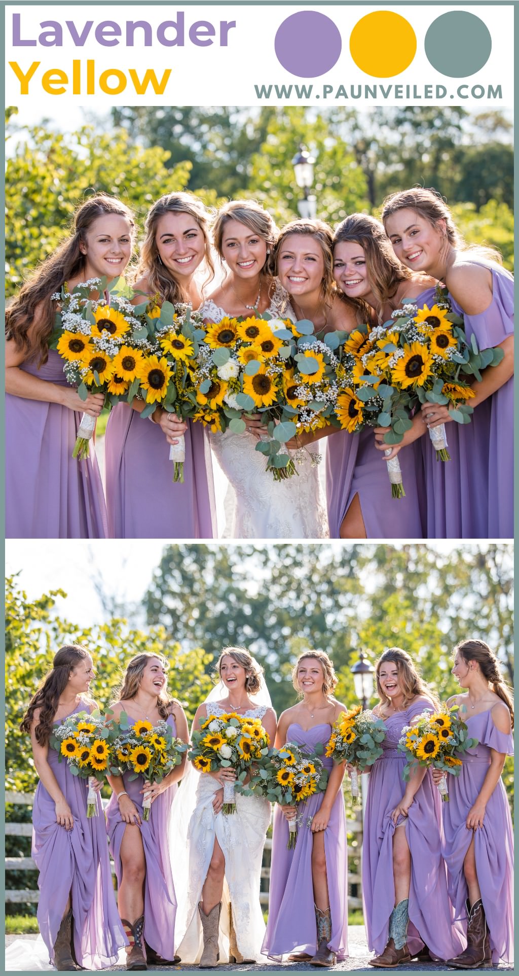 bridesmaids wearing lavender dresses and holding sunflower bouquets.