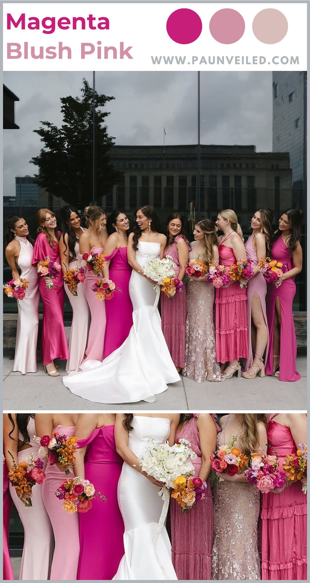 Bridesmaids wearing mismatched bridesmaid dresses in colors of magenta, blush, and pink. they are holding bouquets too.