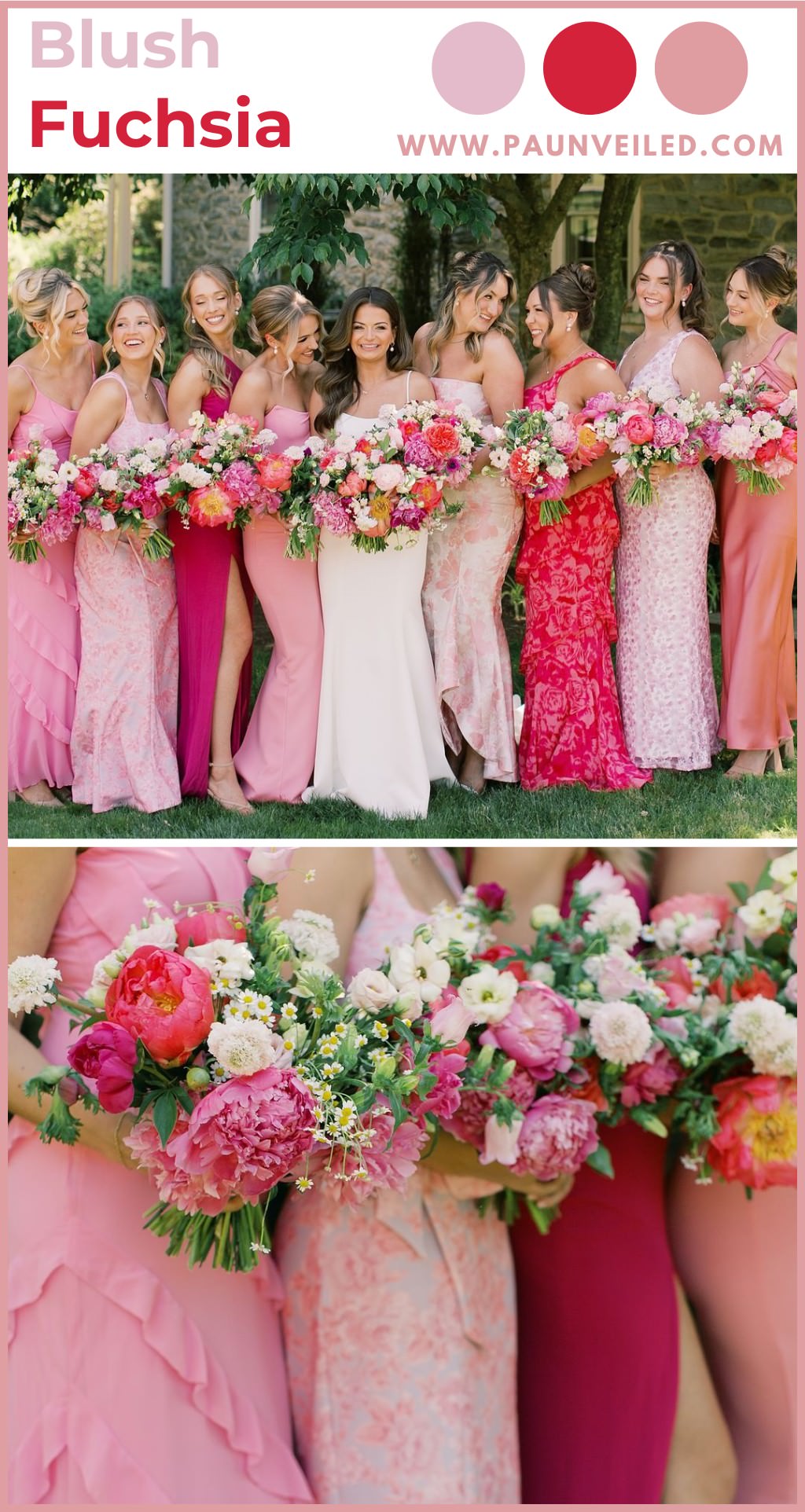 A big bridal party wearing bright dresses in pinks and magenta. They are also holding bouquets.