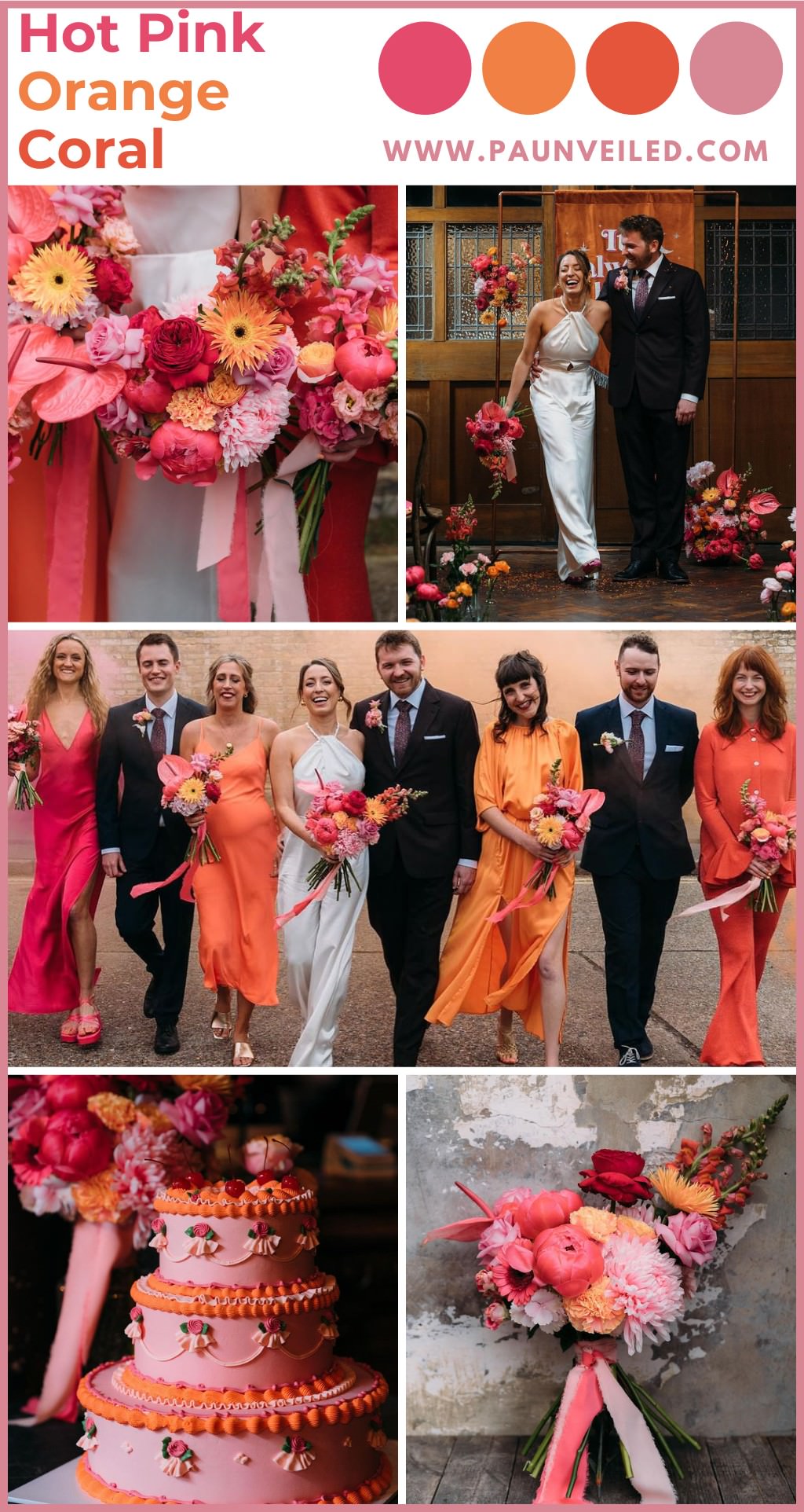 A photo collage showing off a summer wedding color palette of pink, coral, and orange. This collage shows the wedding party, bouquets, a wedding cake, and the bride and groom at their ceremony.