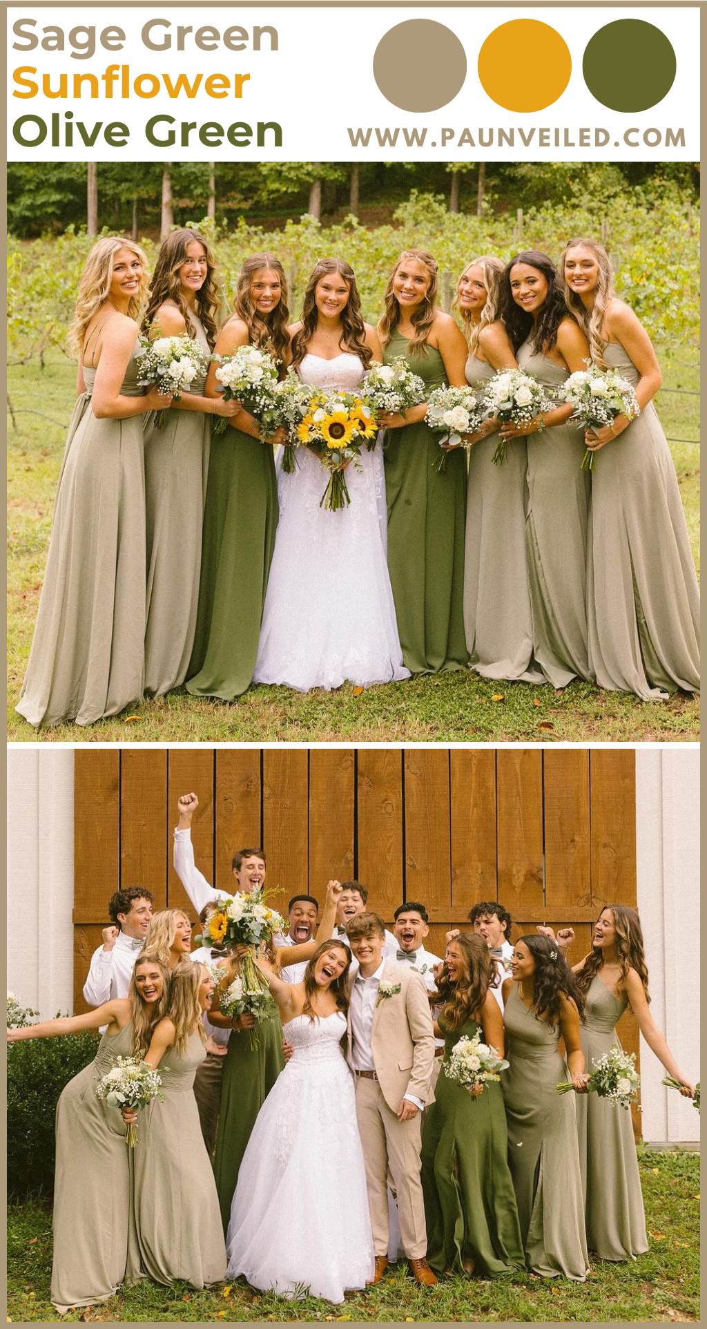 A bride and bridesmaids posing outdoors in green and olive colored dresses. The bride is holding a yellow sunflower bouquet.