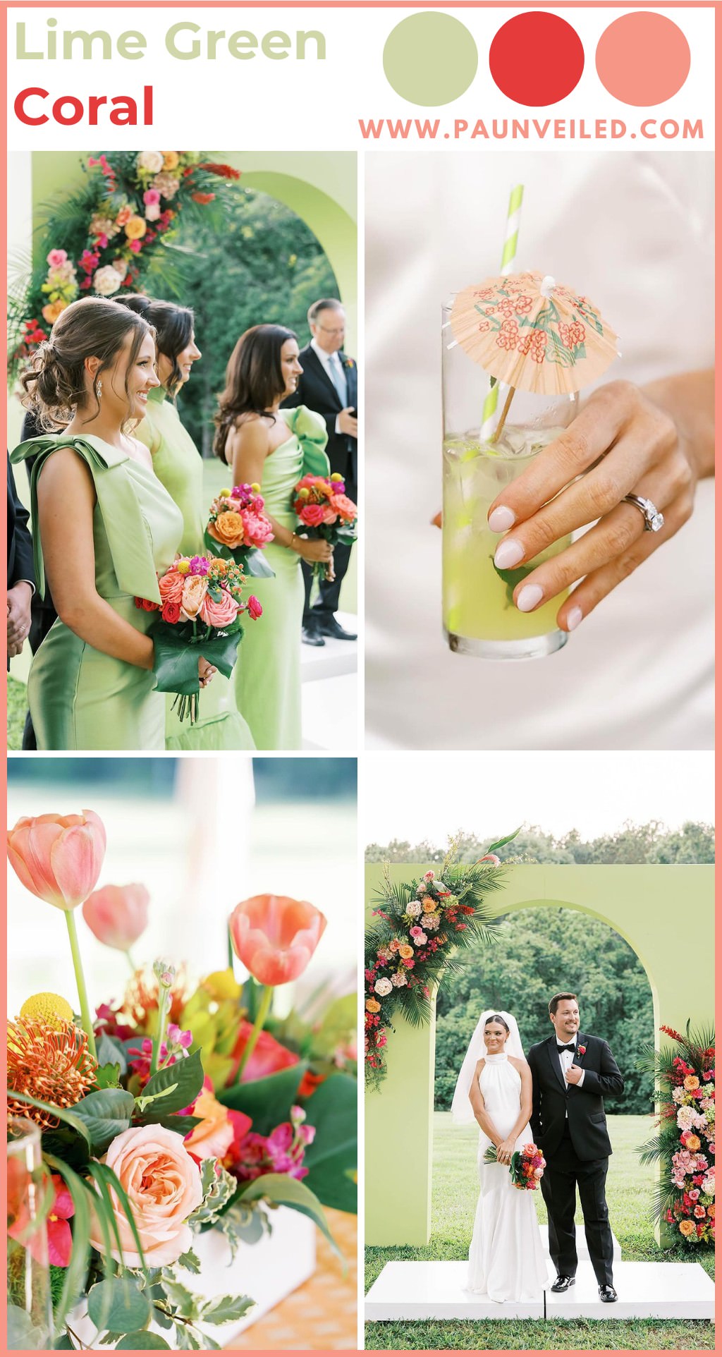 A summer wedding color palette photo collage with lime green, coral, and blush. This shows bridesmaids in green dresses, a bride and groom, colorful flowers, a cocktail hour drink