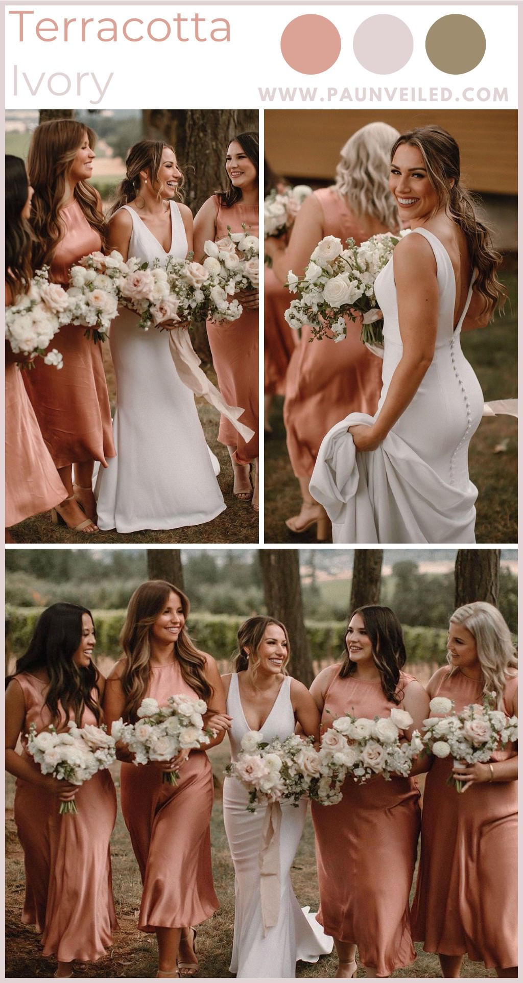 A wedding photo collage that shows off the color scheme of terracotta, ivory, and green. This shows bridesmaids and their bouquets with the bride and her flowers.