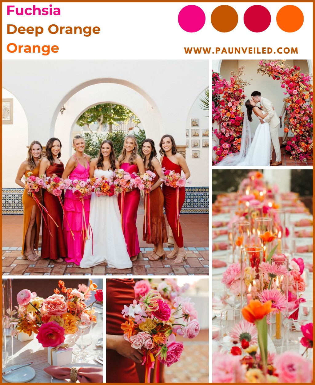 A bride and bridesmaids posing in bright sunset wedding colors like fuchsia and orange. The photo also shows wedding flowers at the reception