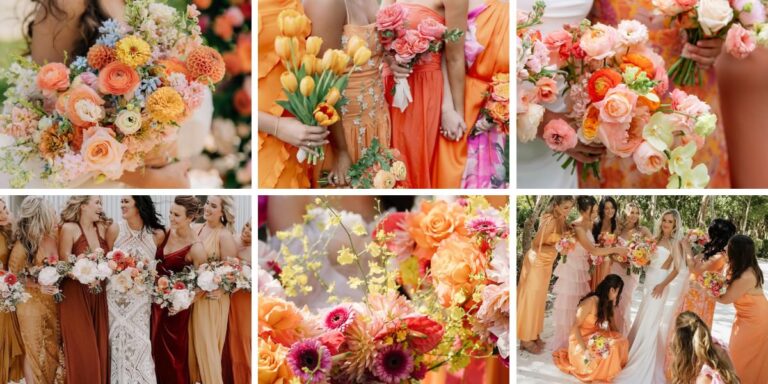 A photo collage showing off the sunset wedding colors that are featured in this blog post.