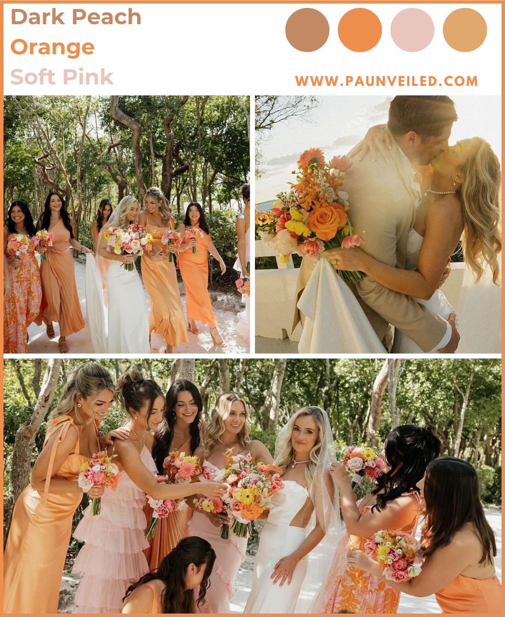 A bride and bridesmaids posing. The bridesmaids are wearing sunset wedding colors for the palette