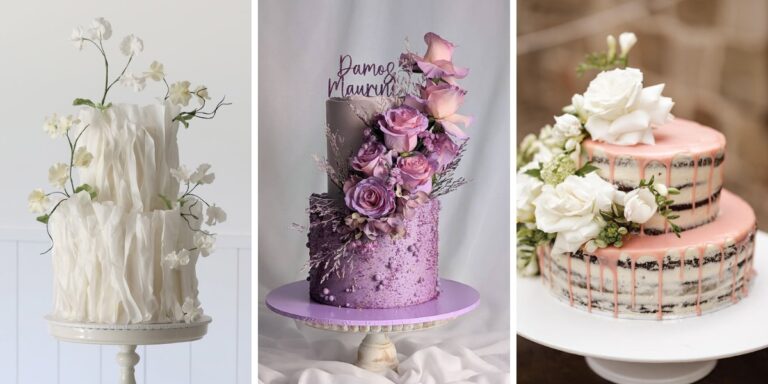 Three different two-tier wedding cake designs (an all white design, a lavender cake design, and a semi-naked cake with pink drizzle