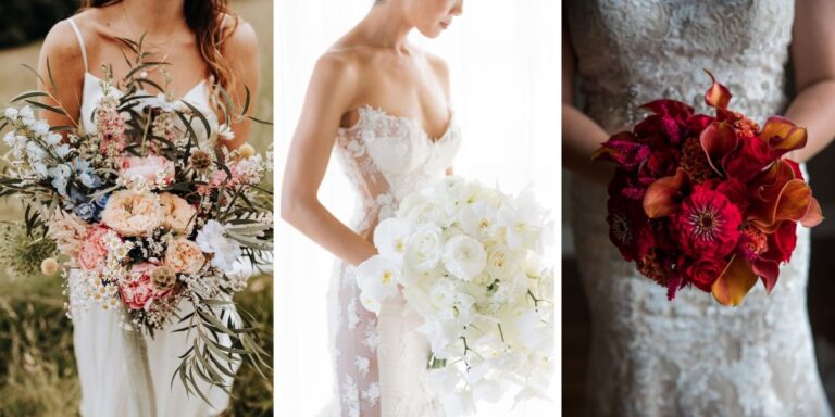 A collage of three different wedding bouquets. A wildflower design, a pure white bouquets, and a bouquet that is orange, red, and coral