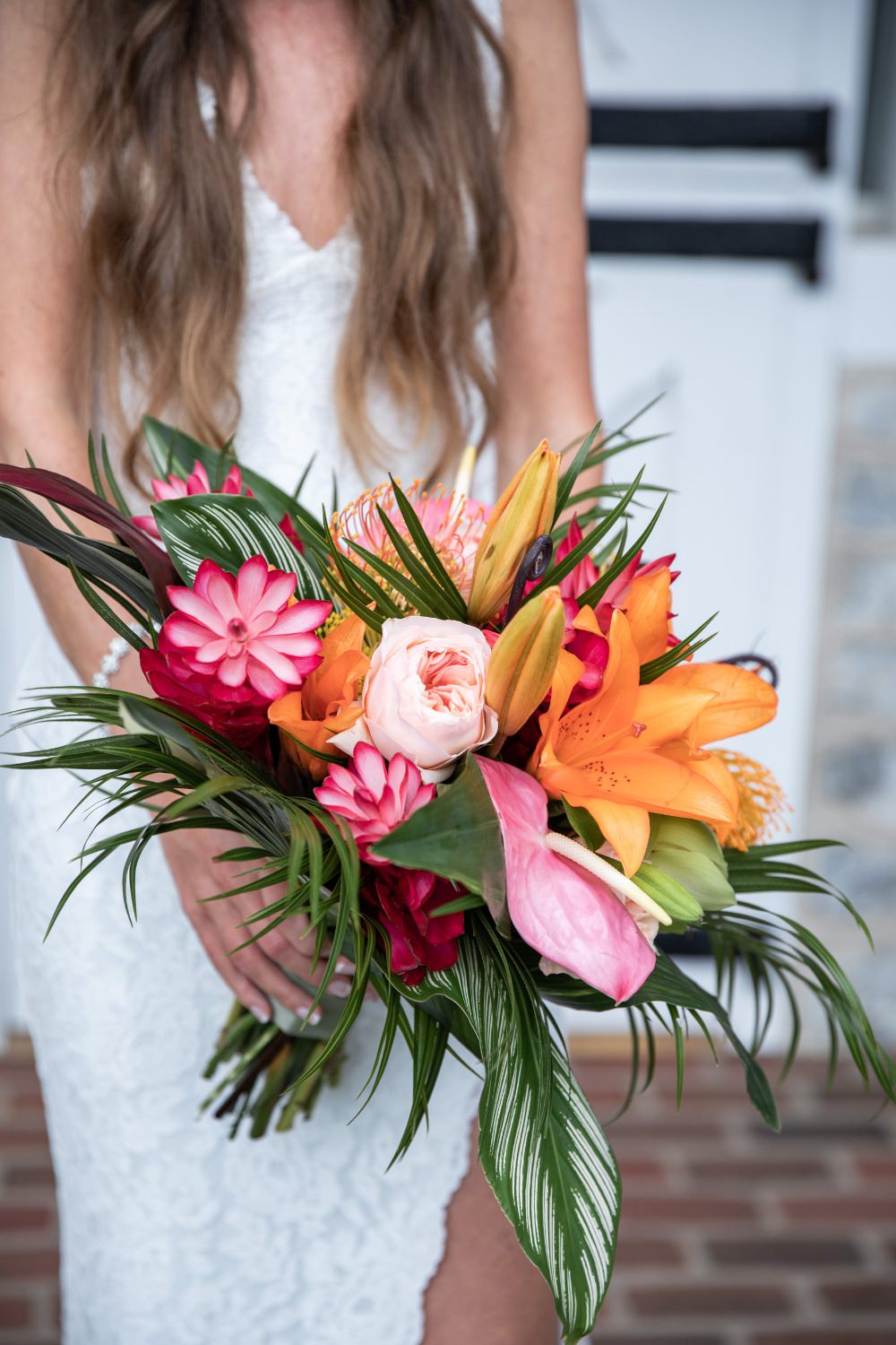 A wedding bouquet with a tropical style