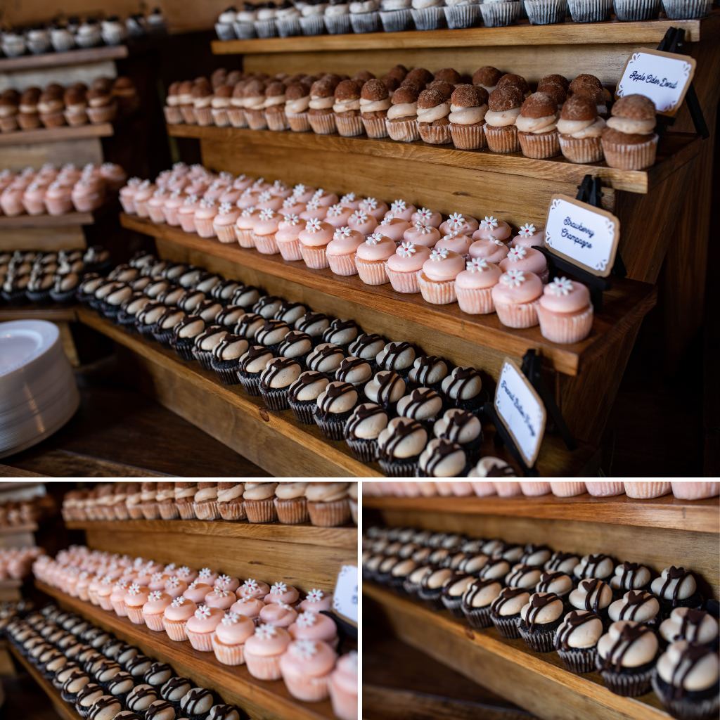 Pink strawberry and chocolate cupcakes at a wedding reception