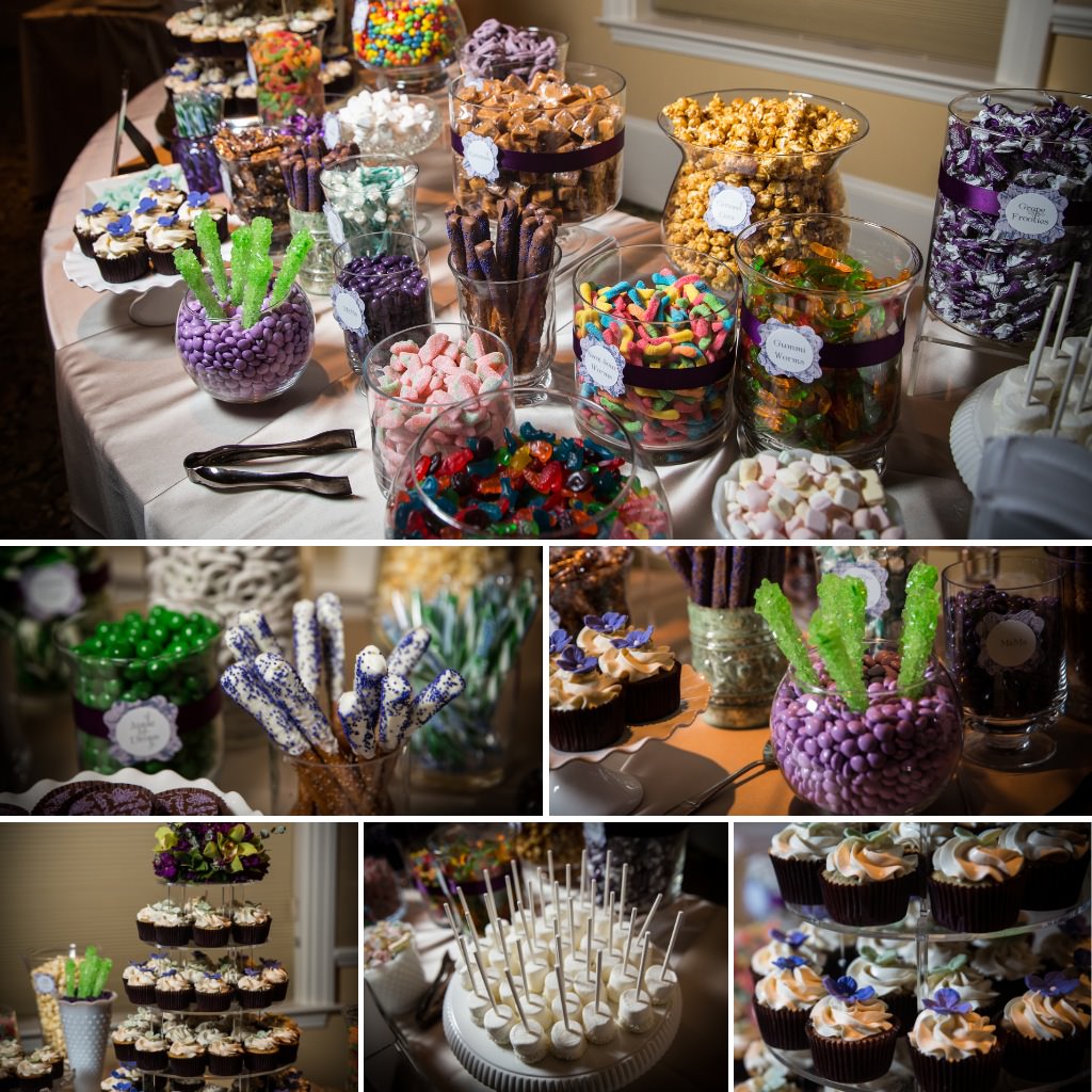 A huge wedding dessert table with a large assortment of treats. From hand dipped pretzels to popcorn and candy.
