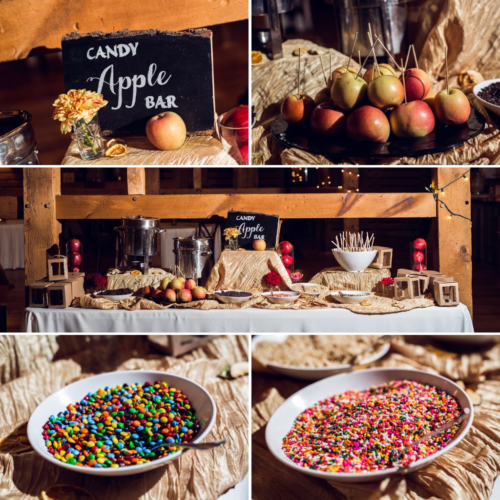 A candy apple bar at a wedding as a dessert table instead of a wedding cake