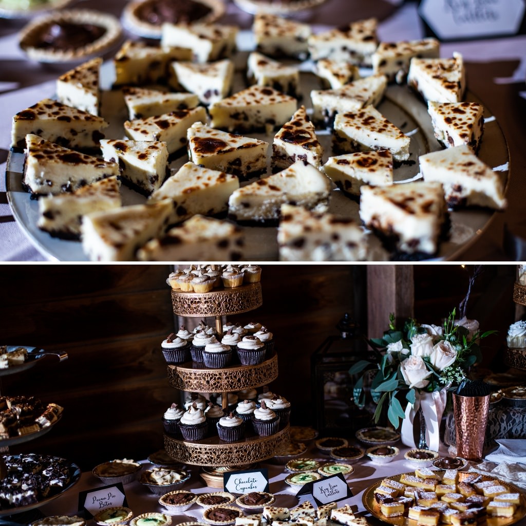 Mini cheesecake bites and cupcakes being served at the wedding dessert table