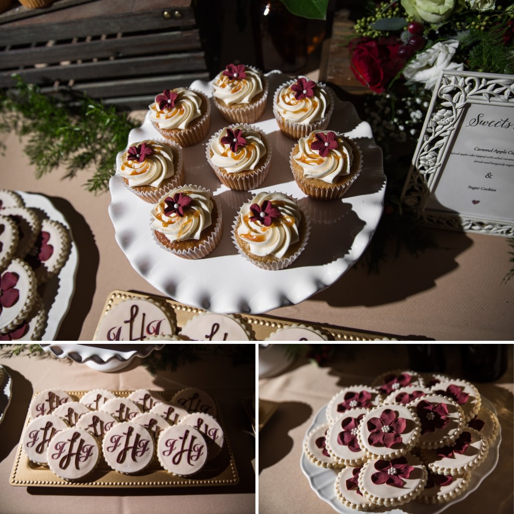 Personalized cookies with the wedding couples initials on them and some cupcakes being served instead of wedding cake